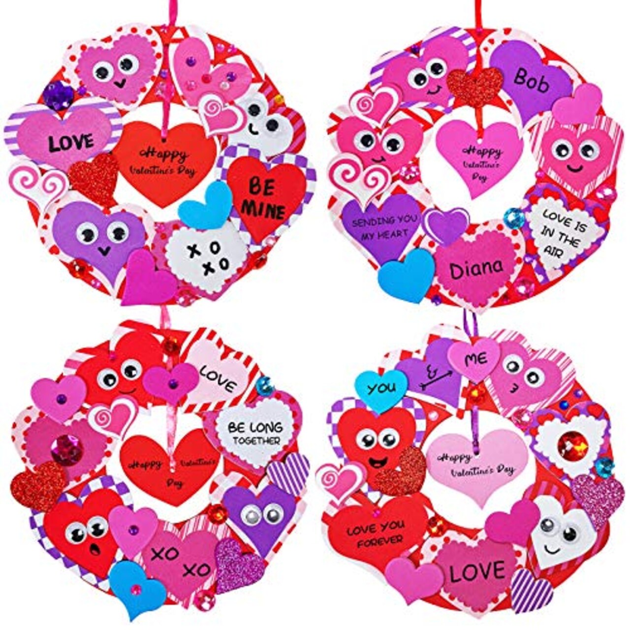 Winlyn 12 Sets Heart Wreath Ornaments Decorations Valentine Crafts Kits for Kids Classroom DIY Valentine's Day Heart Wreath Assorted Heart Cutouts Foam Stickers Googly Eyes Valentine Gift Exchange